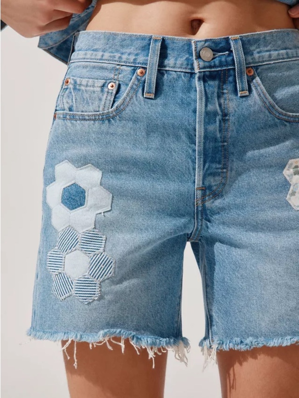 Levi’s 501 Mid-Thigh Cutoff Denim Short floral patches